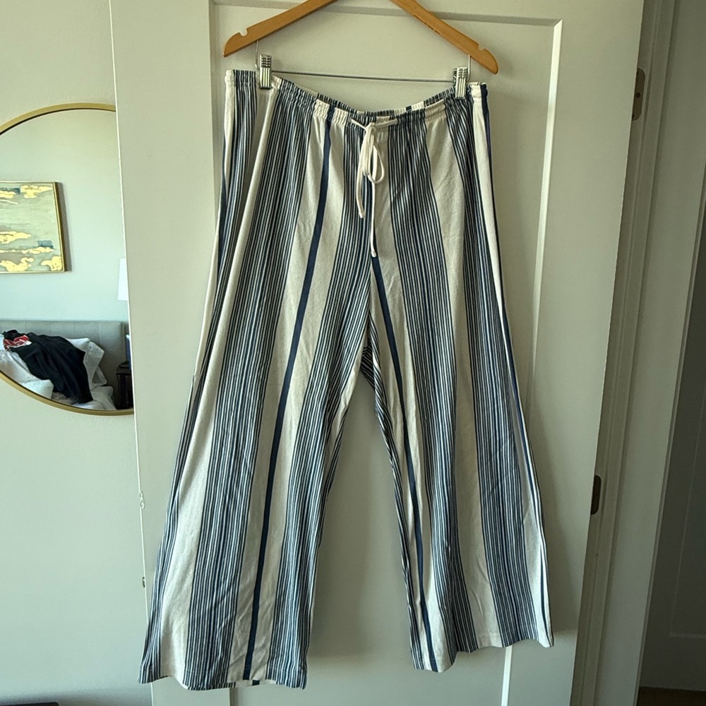 H&M Wide Leg Striped Linen Blend Pants in Cream